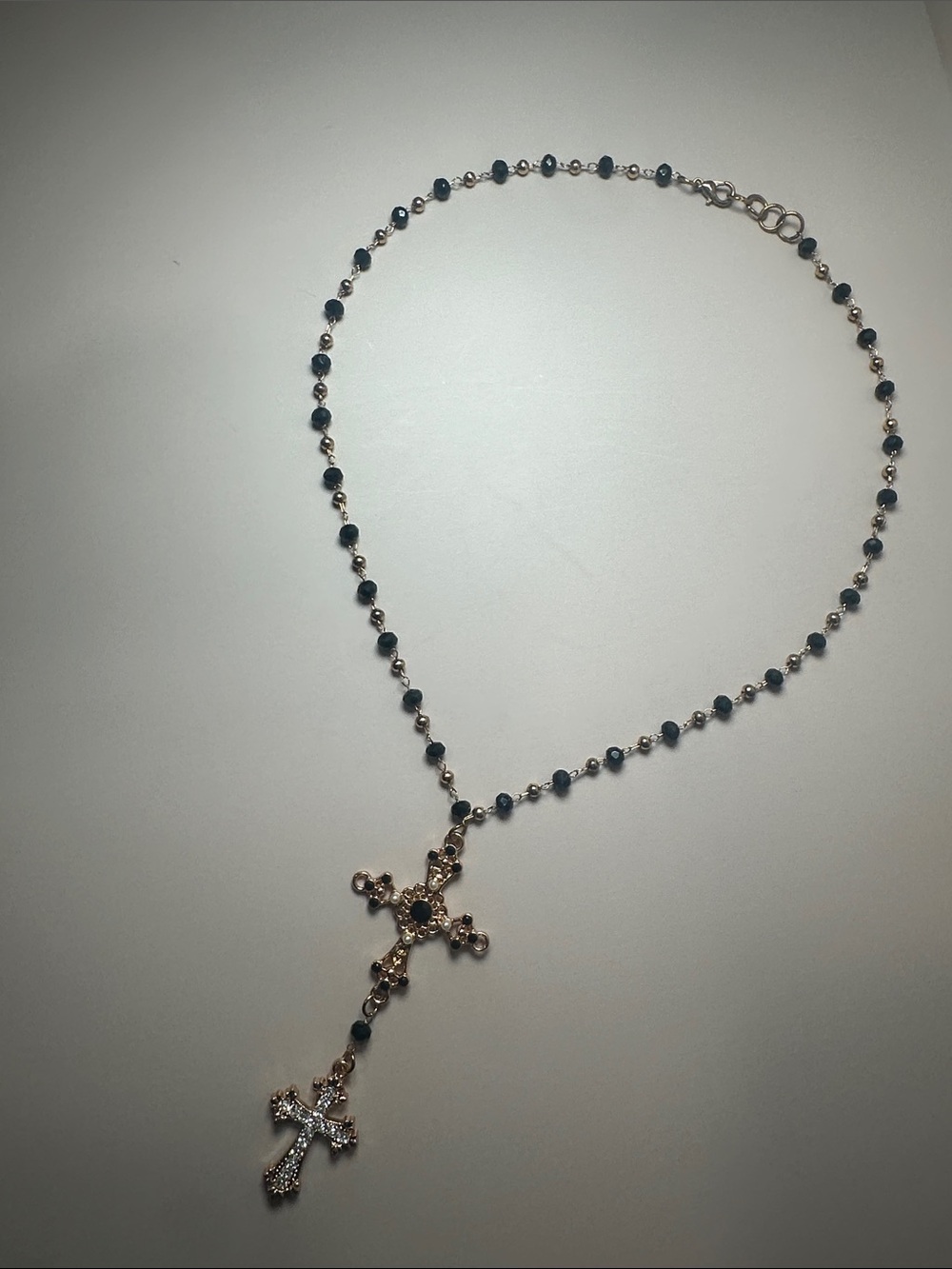 Gold-Tone Cross Rosary Necklace with Black Beads - - Picture 2 of 2